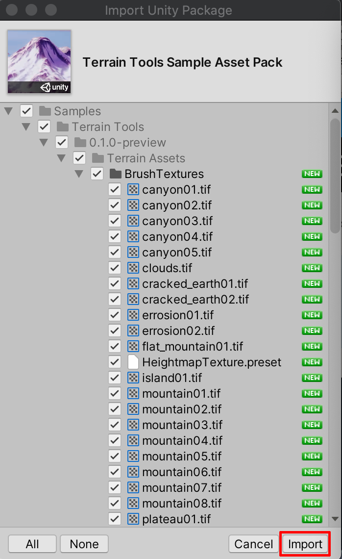 Importing the Terrain Tools Sample Asset Pack from the Import Unity Package popup window.