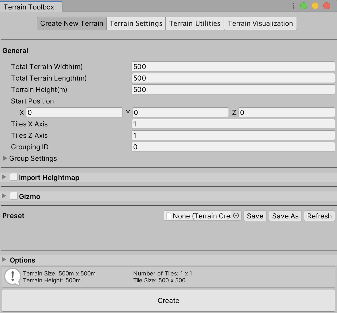 The Terrain Toolbox window.