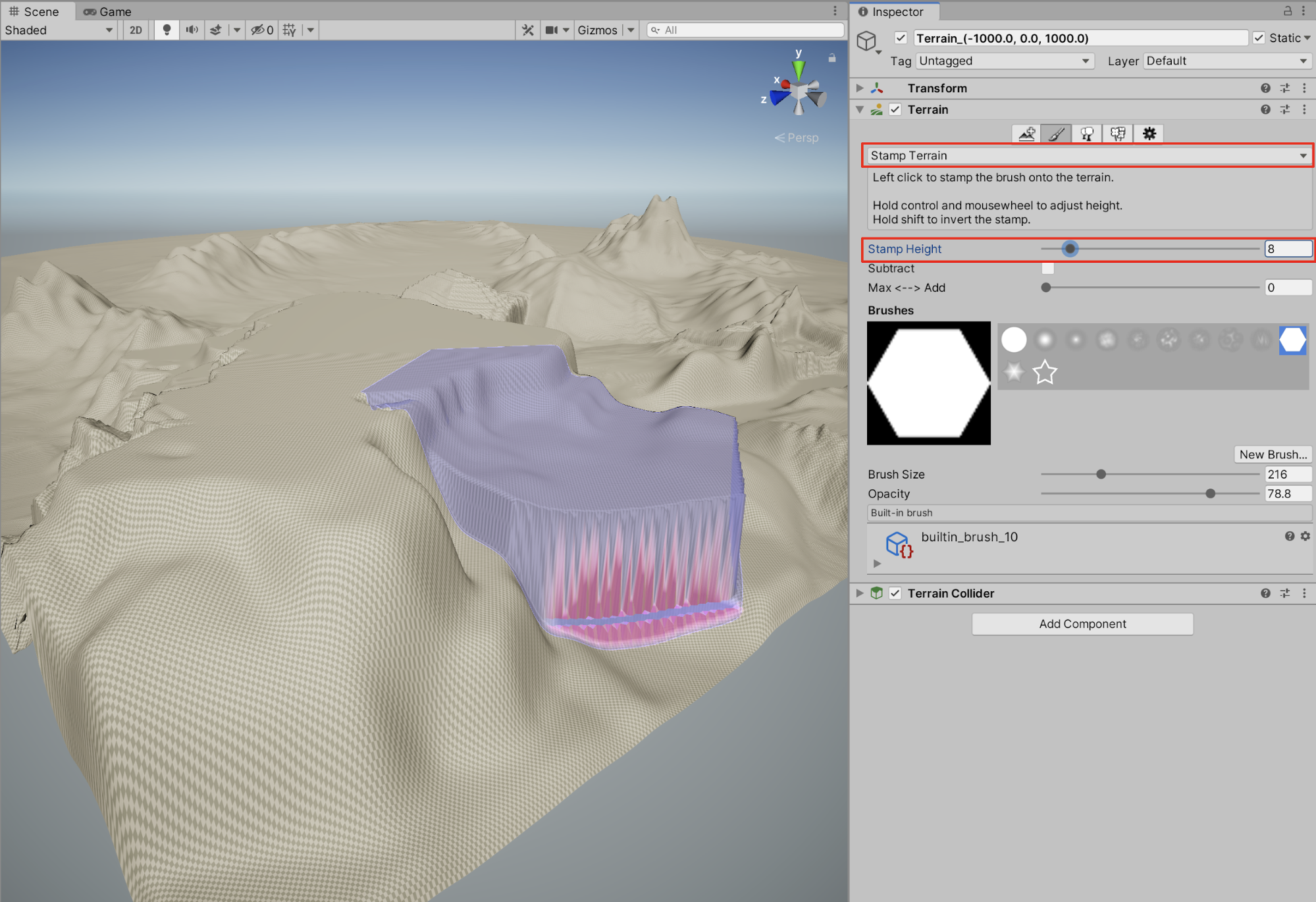 Sculpting the Terrain to a specific height with the Stamp Terrain tool which combines topography features.