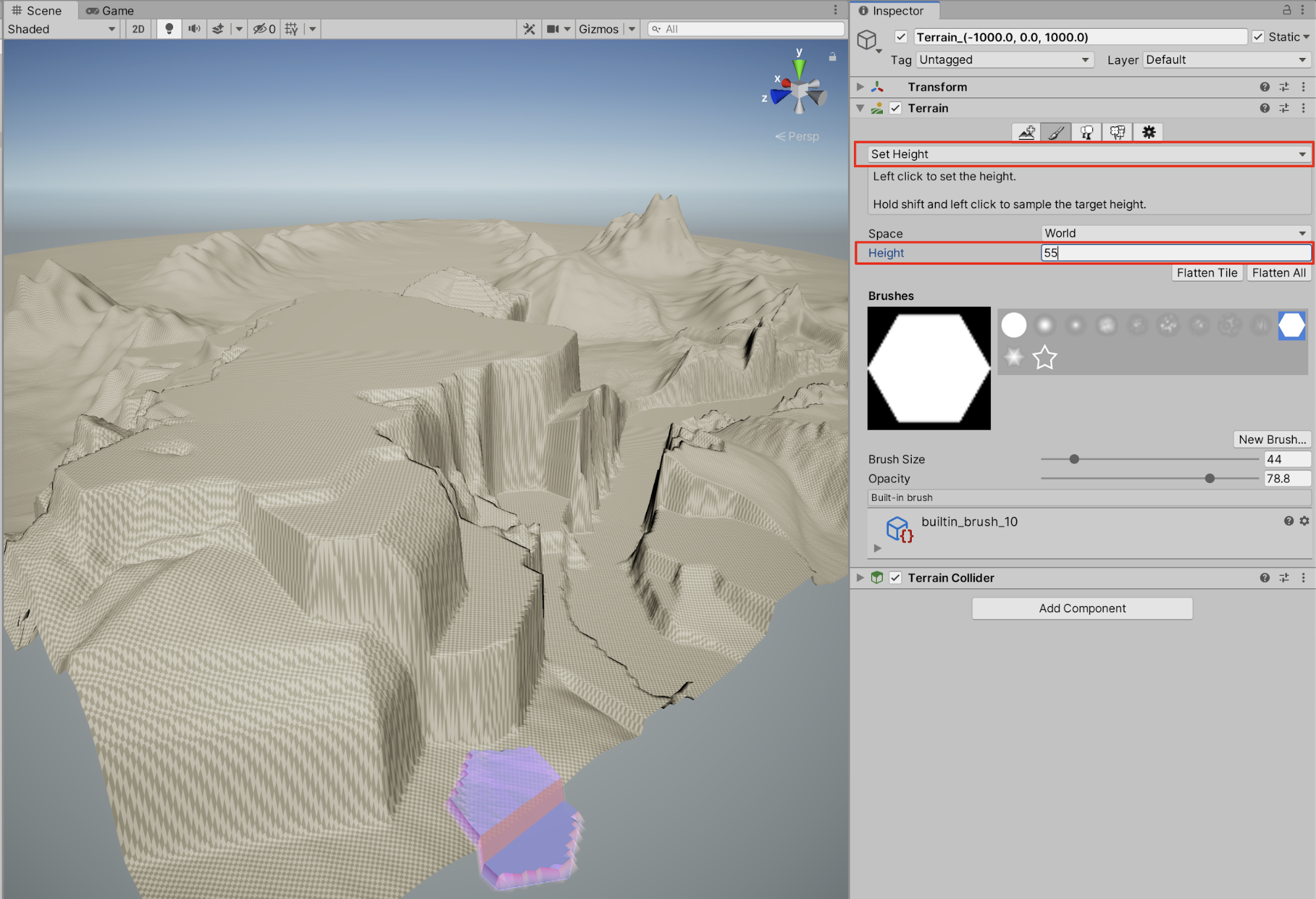Sculpting the Terrain to a specific height using the Set Height option.