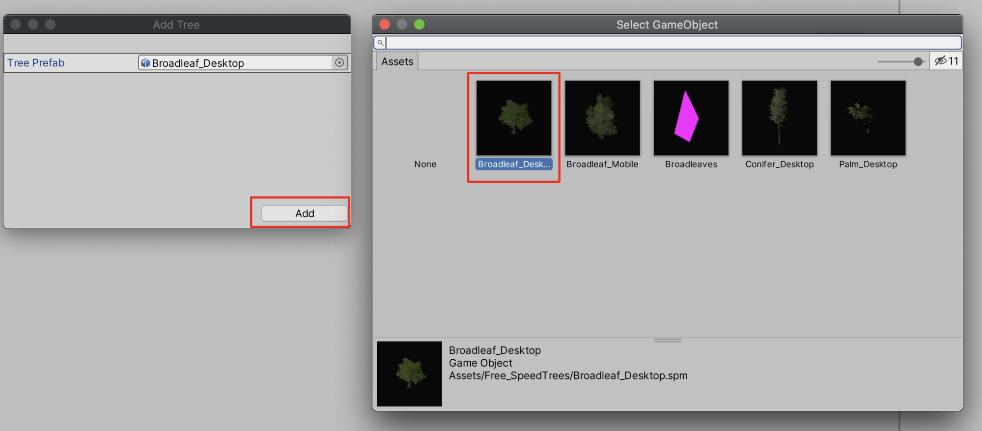 Adding the Broadleaf_Desktop tree mesh to the Paint Trees tool.