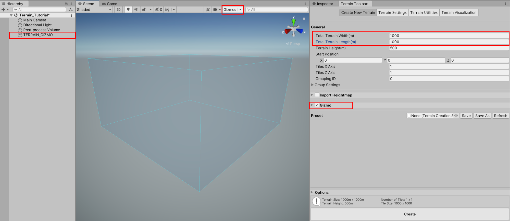 A larger Terrain width and length set to 1000 meters, with the Gizmo checkbox enabled