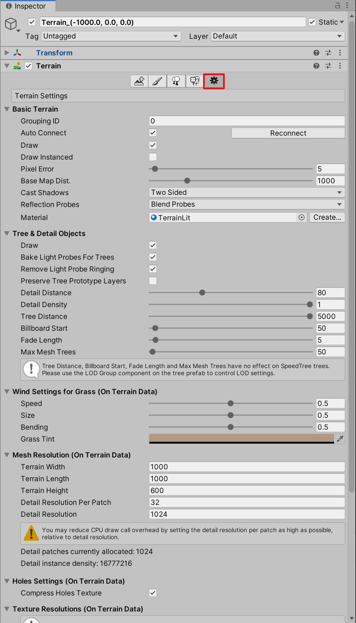 Inspecting the Terrain using the Terrain Settings tool.