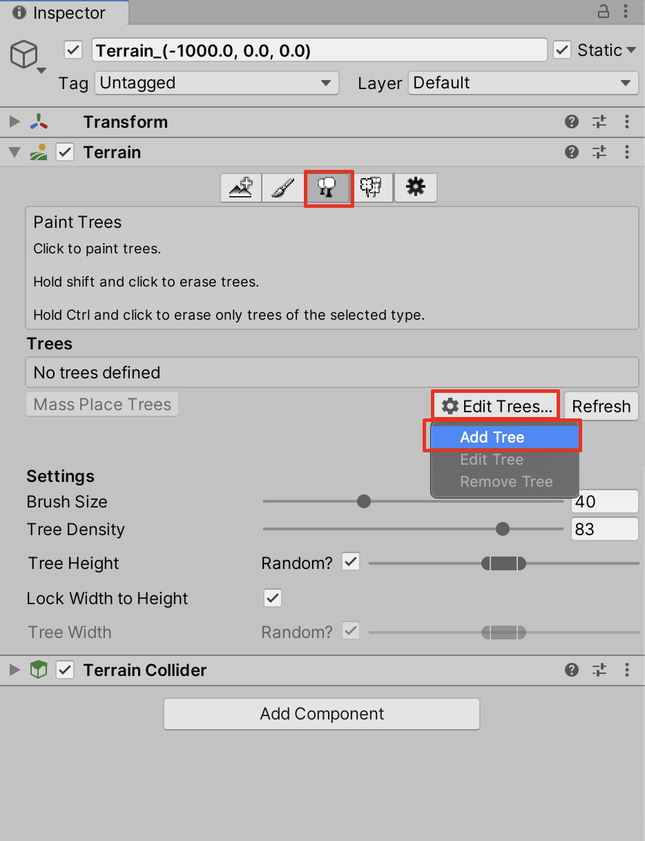 Adding a tree mesh to the Paint Trees tool.