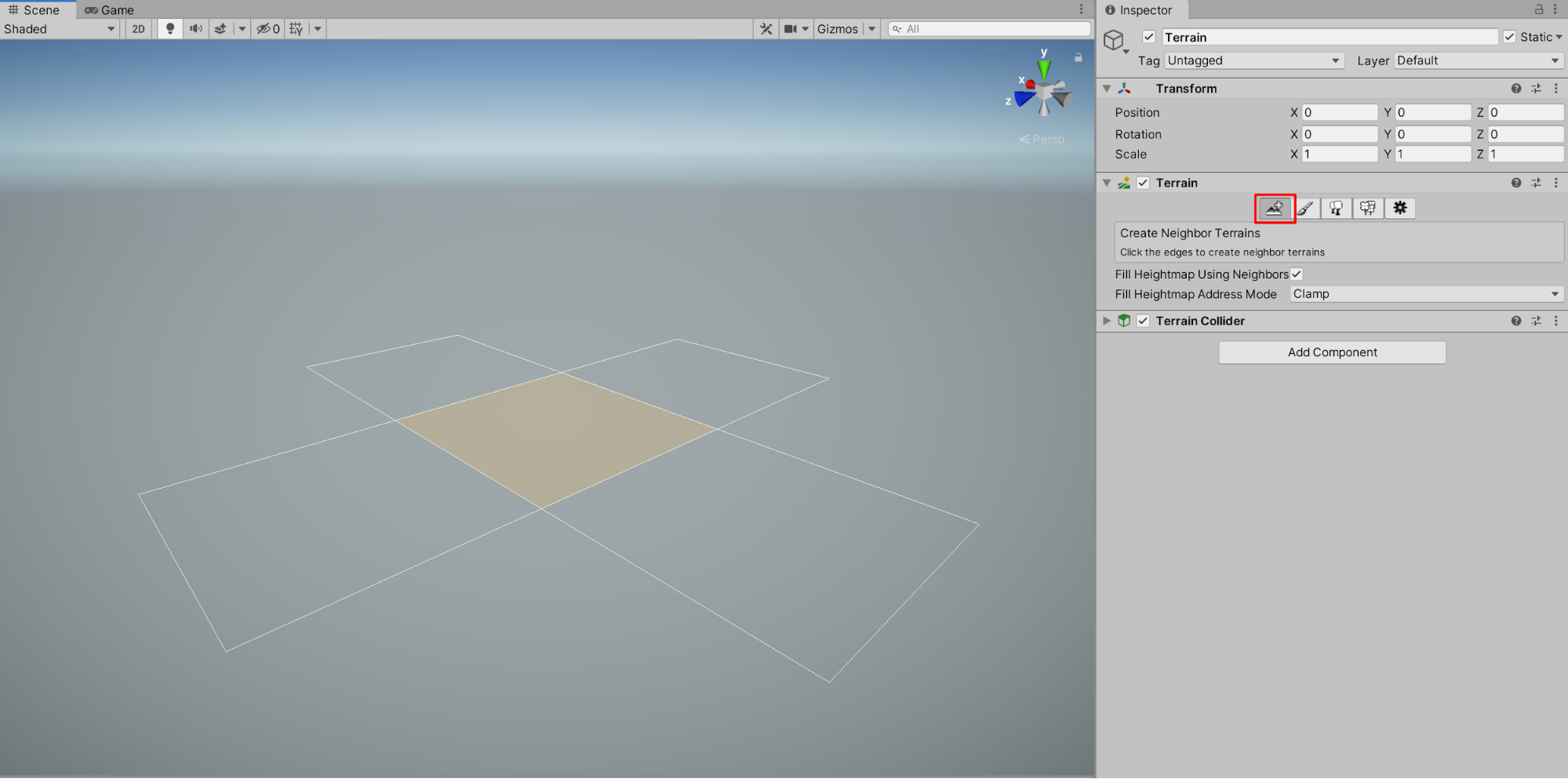 The Create Neighbor Terrains button showing the outlined quadrants for the single Terrain.
