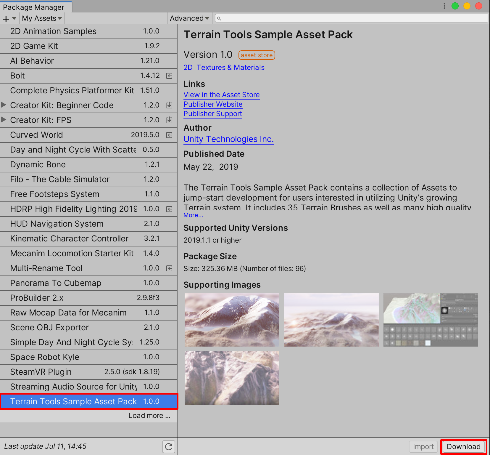 Downloading the Terrain Tools Sample Asset Pack from the Package Manager window.