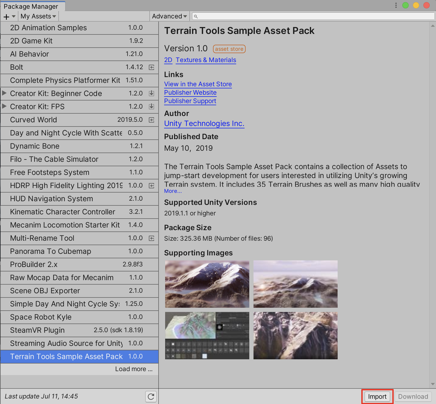 Importing the Terrain Tools Sample Asset Pack from the Package Manager window.