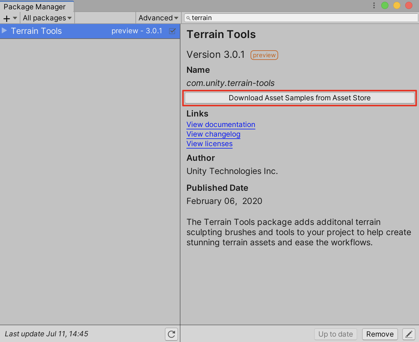 Selecting the option to Download Asset Samples from the Asset Store.