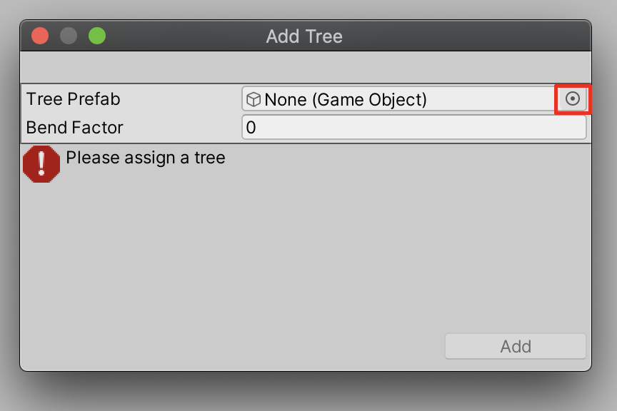 Selecting the Object Loader circle button in the Add Tree window.
