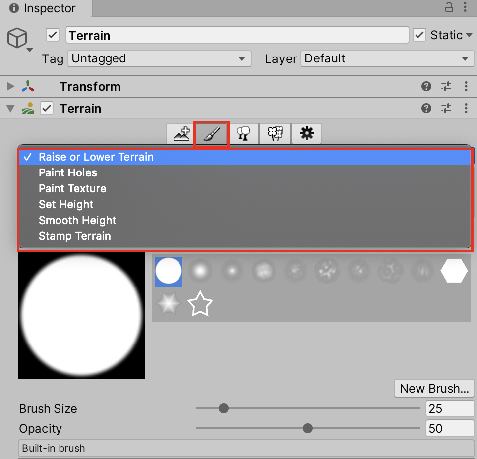 Accessing the Paint Terrain tool menu options.