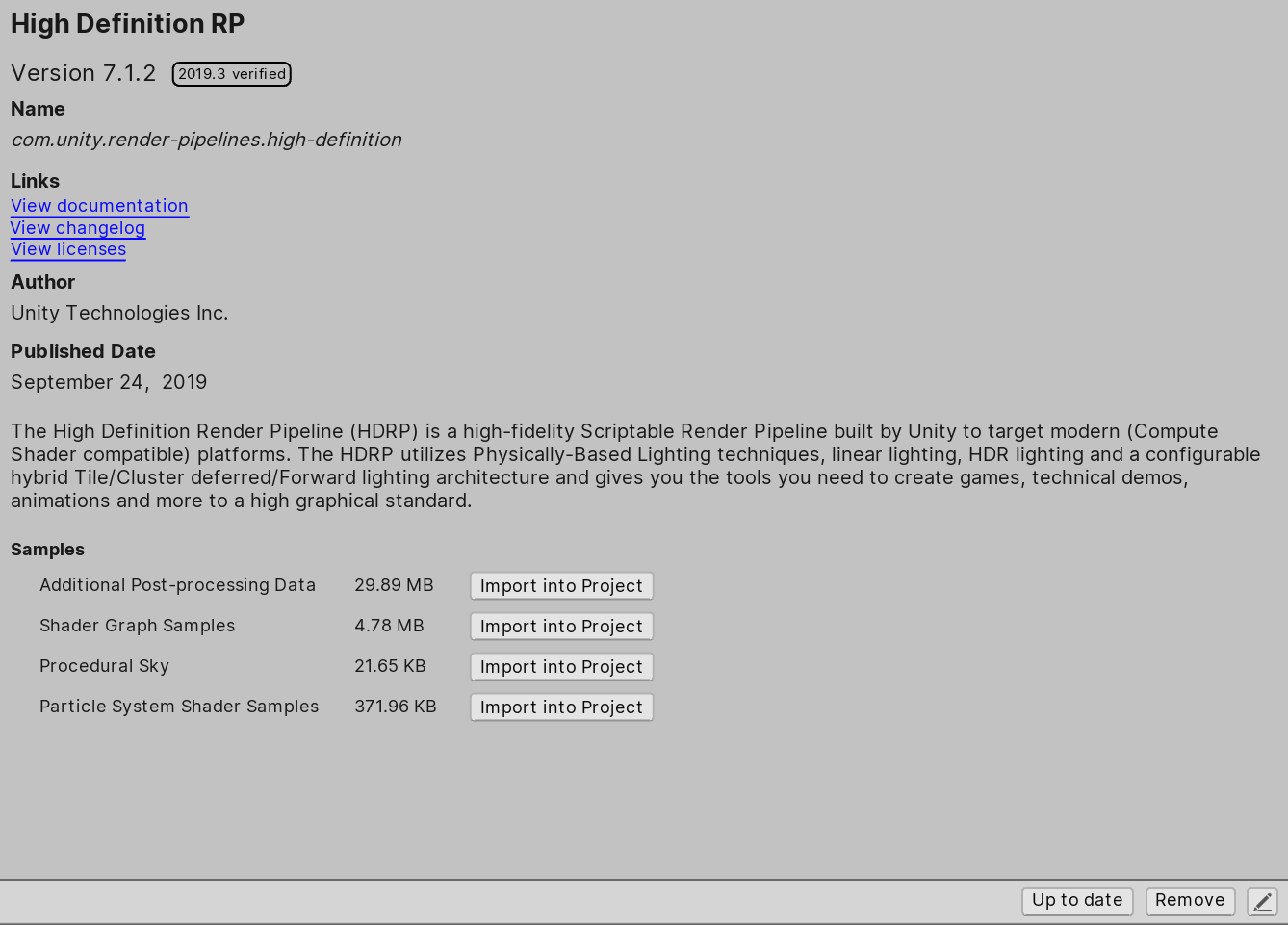 画像 01:Unity 2019.3 での HDRP パッケージのインストール