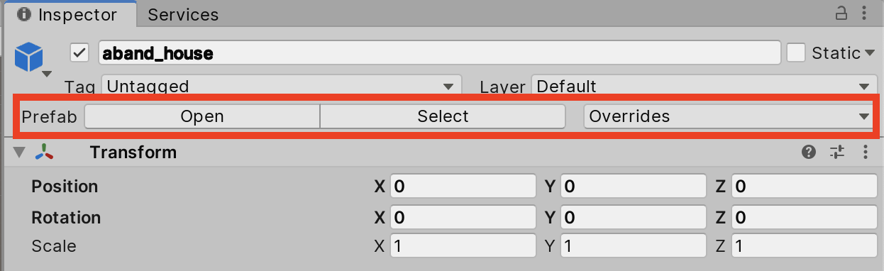 Figure 03: Prefab buttons appear above the Transform values in the Inspector.