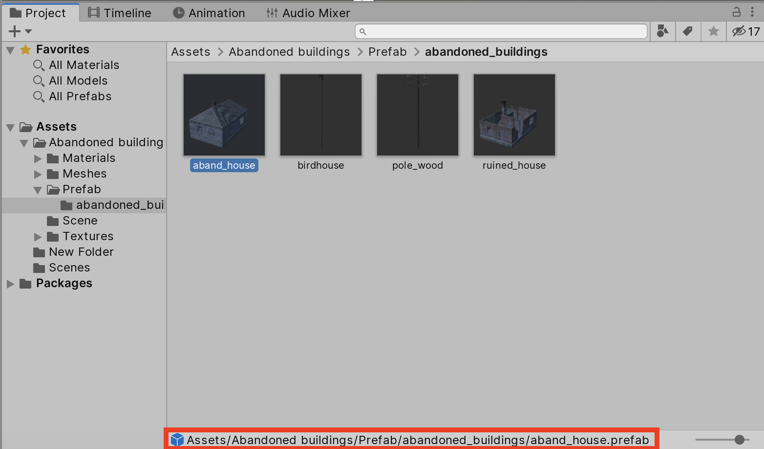Figure 01: Prefabs in the Project window look very similar to other 3D assets in the project, but note the .prefab asset type when a Prefab is selected.