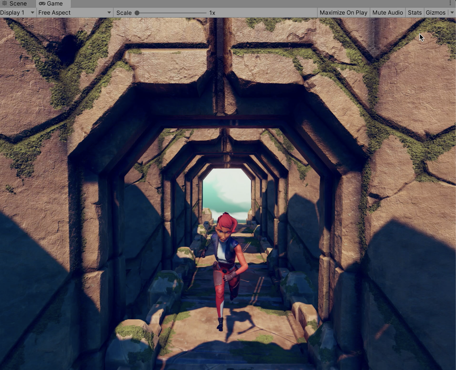 The game character Prefab Ellen running through the stone corridor