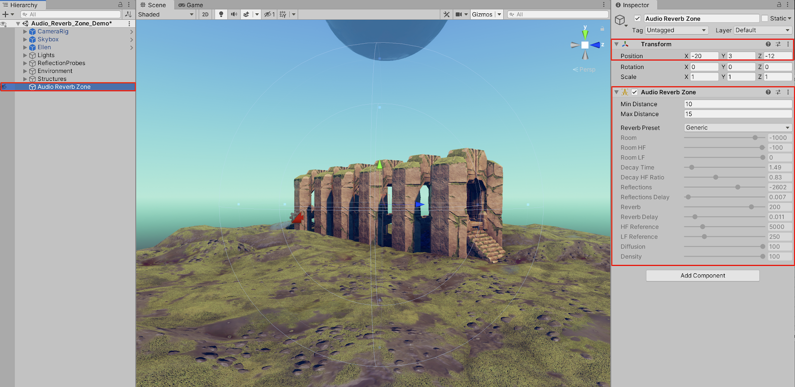 The Audio Reverb Zone GameObject centered on the tunnel structure