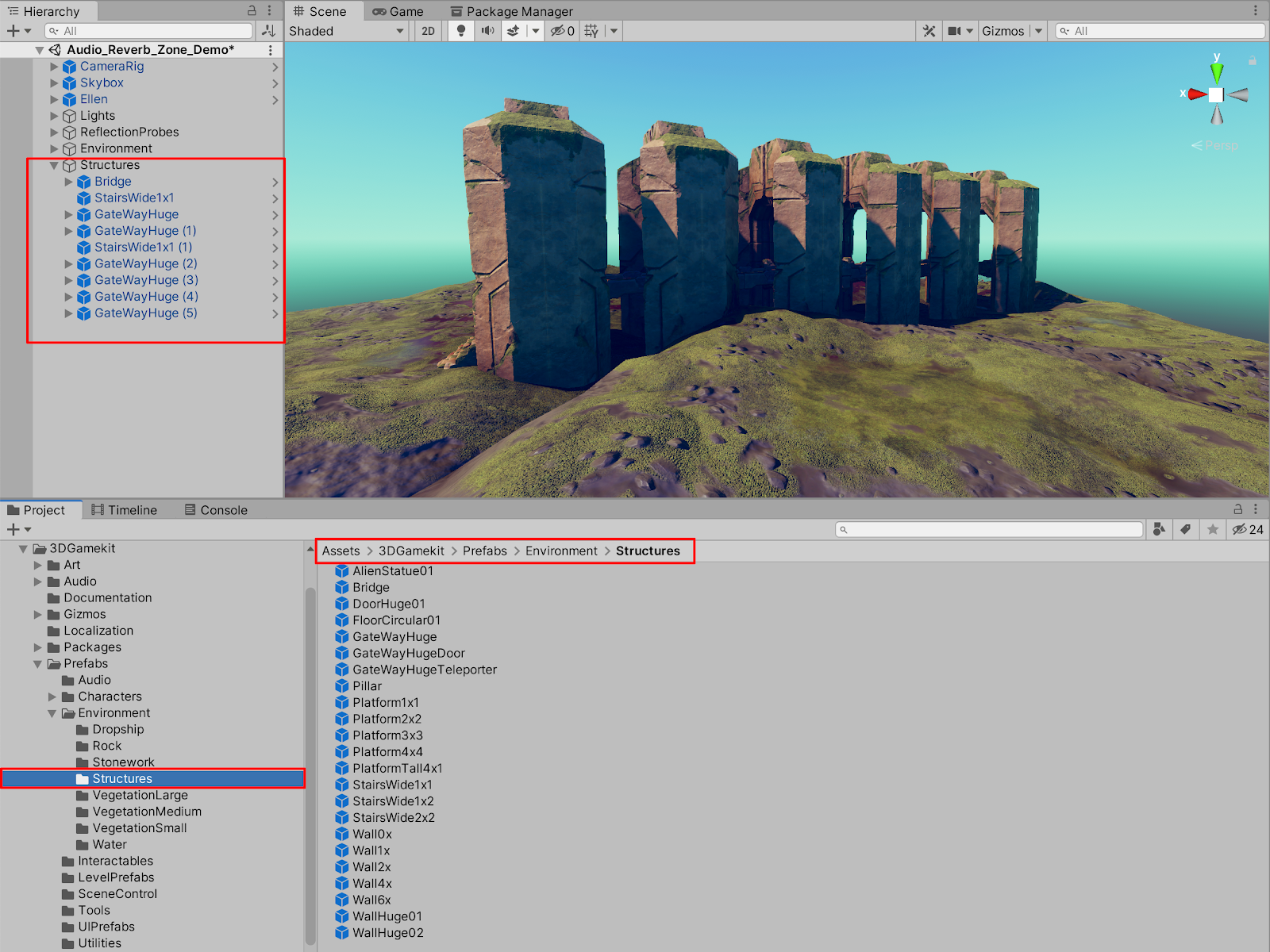 An assembled stone tunnel structure, comprised of 3D GameKit Template structure Prefabs