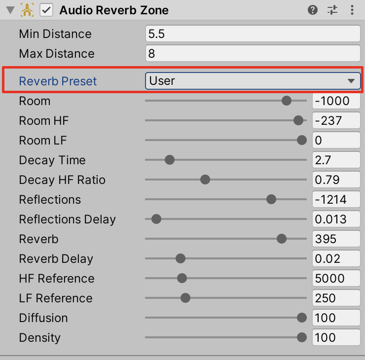 The Reverb Preset set to User