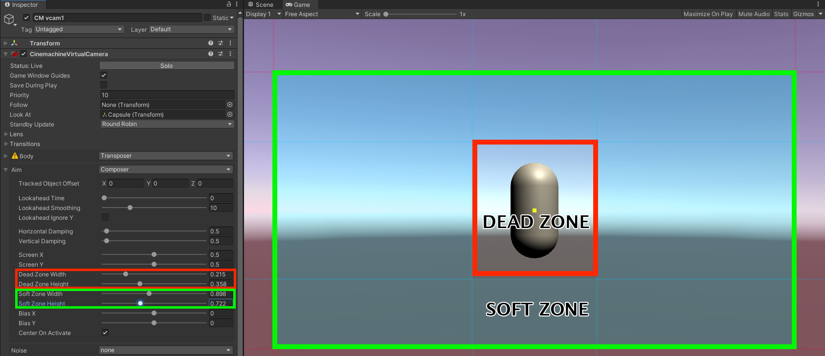 Figure 04: Adjusting the Dead Zone and Soft Zone in the Game view