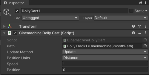 Figure 06: Adjusting the Dolly Cart parameters for Update method, Speed and start Position