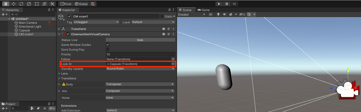 Figure 03: Adding a GameObject to the Follow and Look At parameters of a Virtual Camera