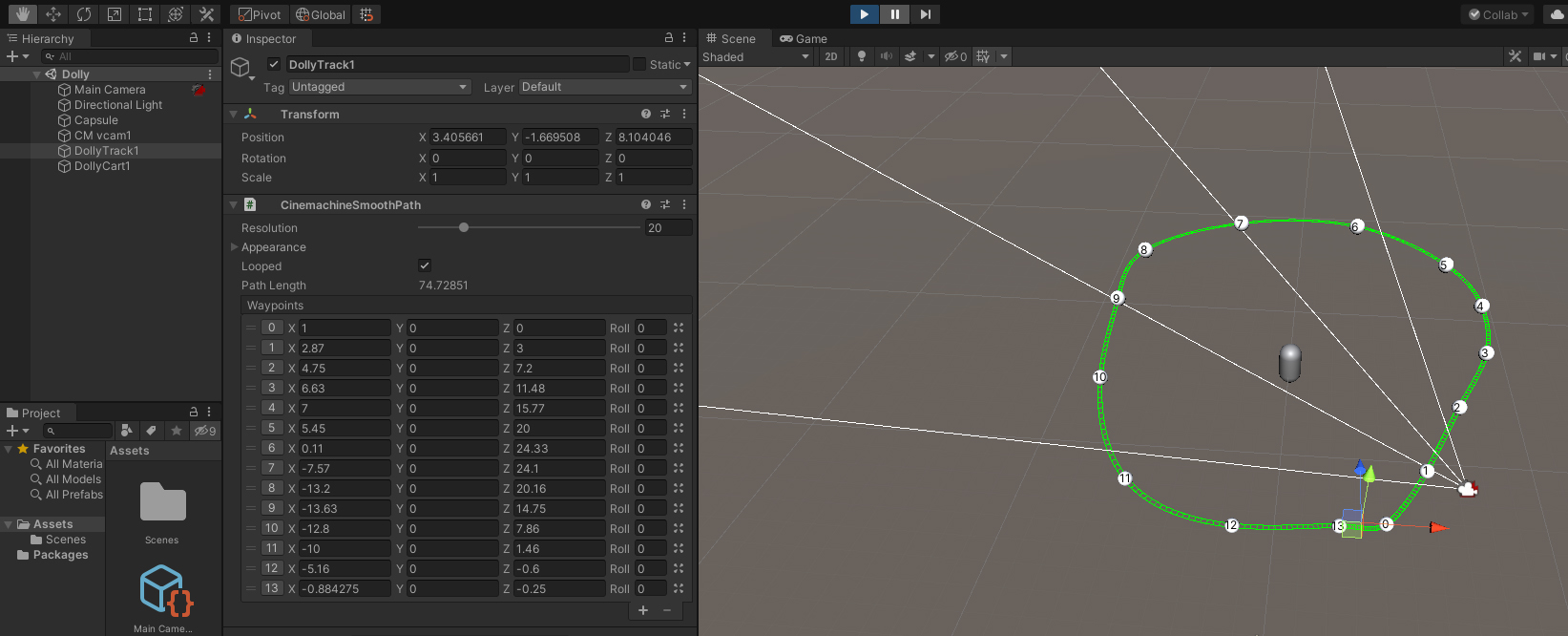 Figure 01: The image above shows the track in green, made of waypoints shown in the Inspector window. The Virtual Camera is aligned to the track’s first waypoint vector position.
