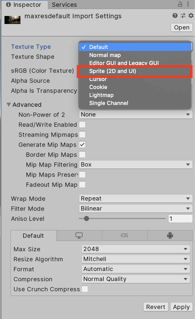 画像 02:Texture Type を Sprite (2D and UI) に設定