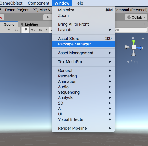 Figure 02: To open the Package Manager select Window > Package Manager.