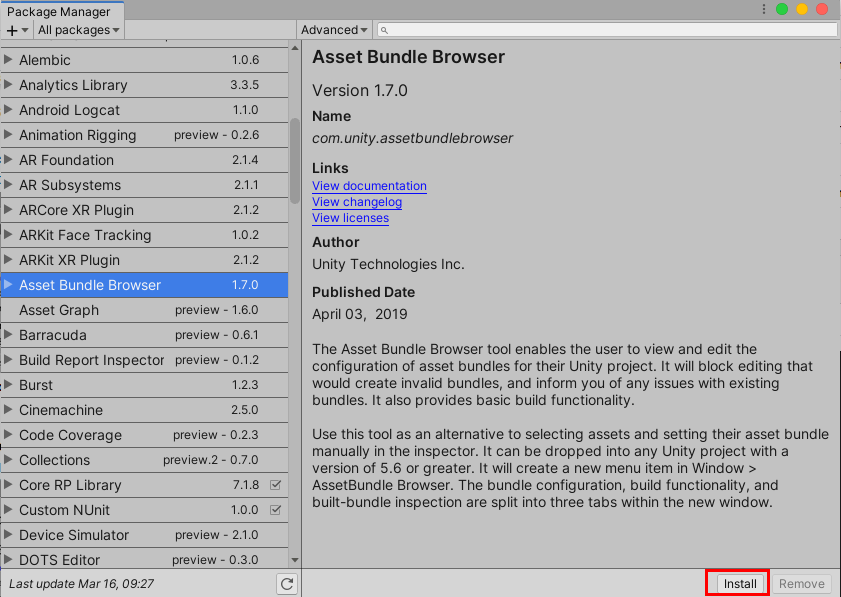 Figure 04: With a package selected in the All packages dropdown menu, select the Install button in the details pane.