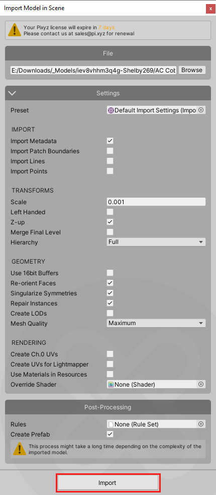 Figure 02: Import Model dialog
