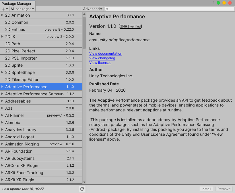 Figure 03: Select a package in the left pane to view the packages details and status in the right pane of the Package Manager window.