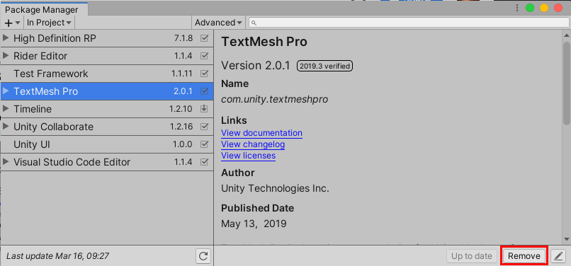 Figure 05: With a package selected in the In Project dropdown menu, select the Remove button in the details pane.