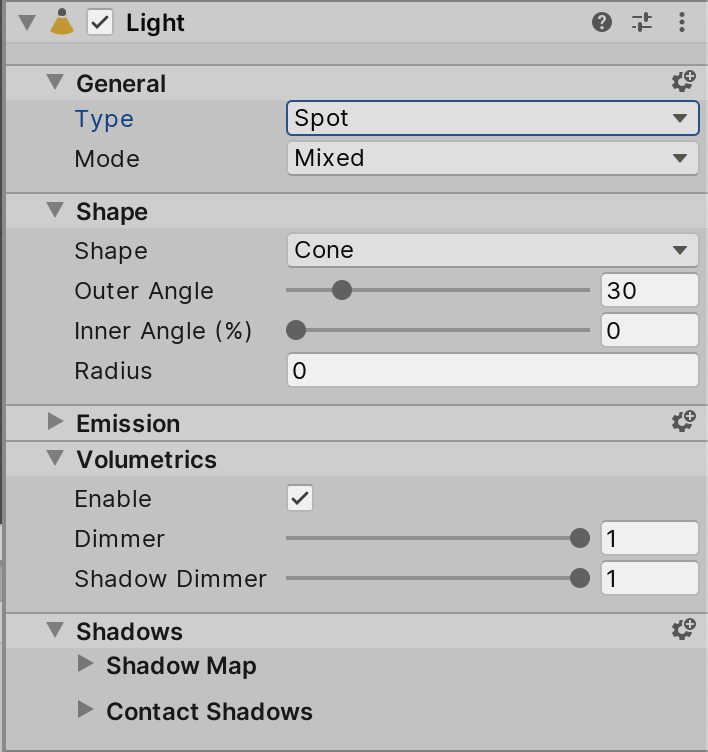 Figure 02: Light Component Settings