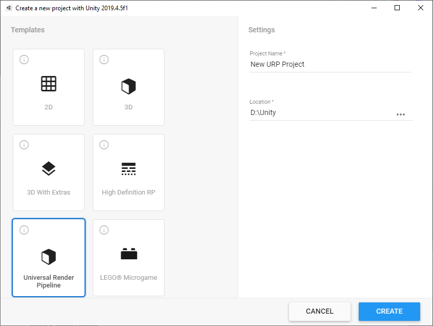 Figure 02: Creating a new project with URP