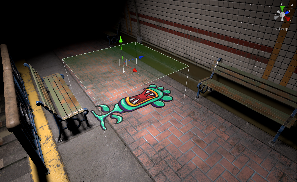 Figure 01: The HDRP Decal projector casting a Texture file onto an object