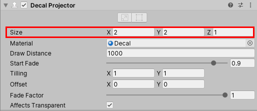 Figure 10: Size properties of the Decal Projector Component.