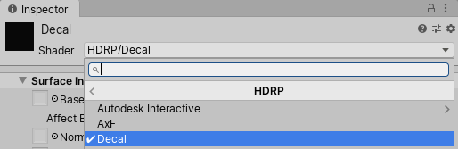 Figure 06: Changing the Shader type to HDRP/Decal
