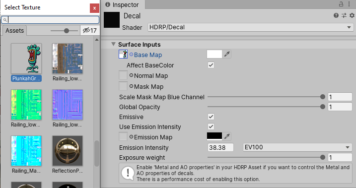 Figure 07: Assigning a Texture file to the Base Map of the HDRP/Decal Material