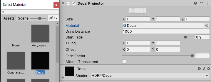 Figure 08: Assigning a HDRP Decal Material to the Decal Projector Component