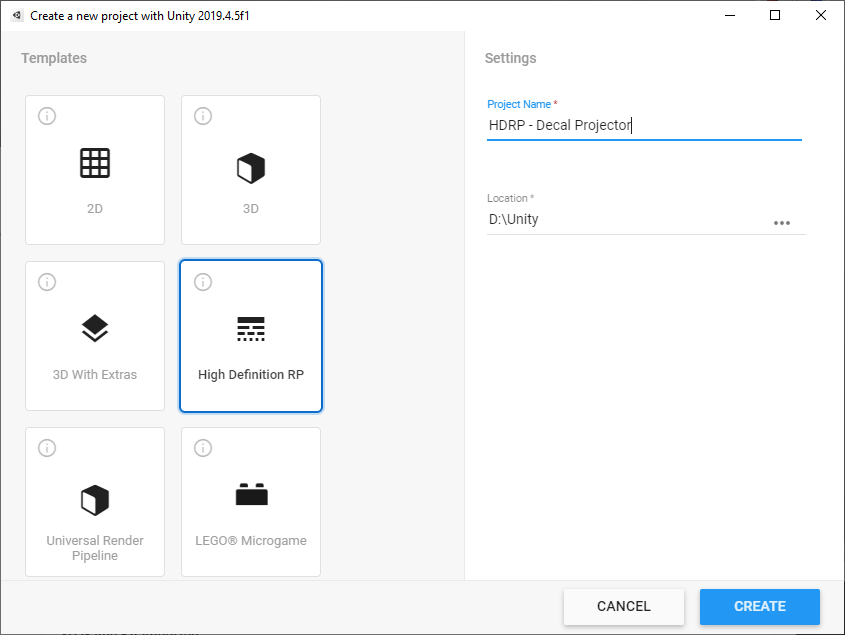 Figure 03: The Create New Project screen in Unity displaying the High Definition RP template