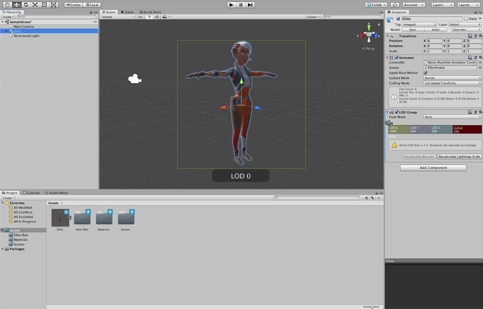 Figure 01: A character in Unity as an exported FBX from Maya with the LOD Group setup.