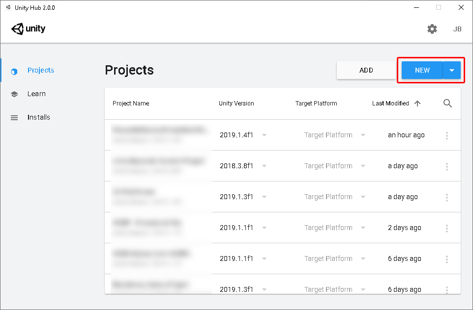 Figure 06: Create a new project by clicking the New button at the top of the Hub.