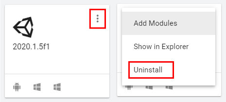 Figure 05: Click on the three dots in the upper-right corner of the tile for the version of Unity you wish to uninstall.