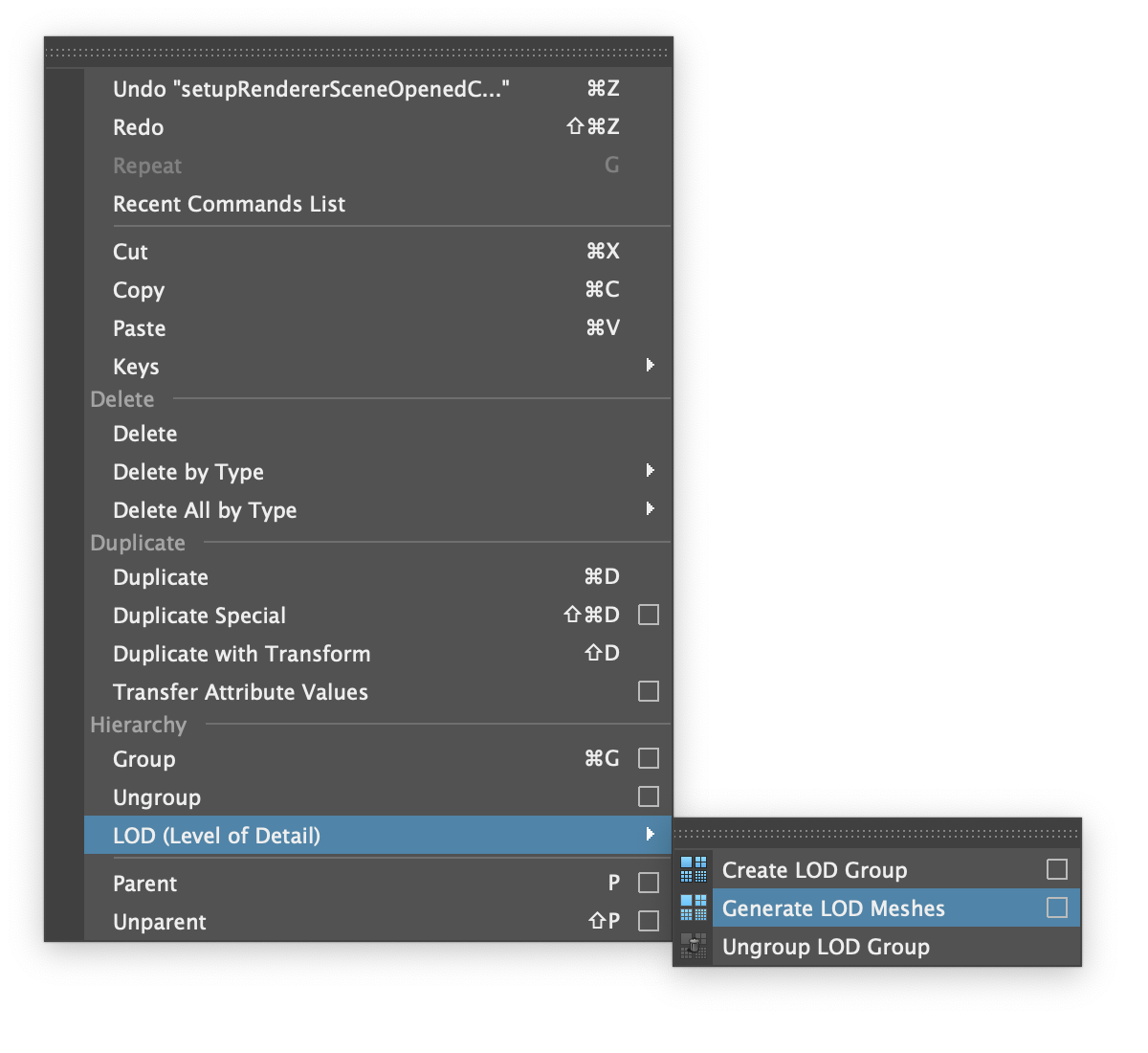 Figure 02: Select the Generate LOD Meshes option from the main window Edit menu.