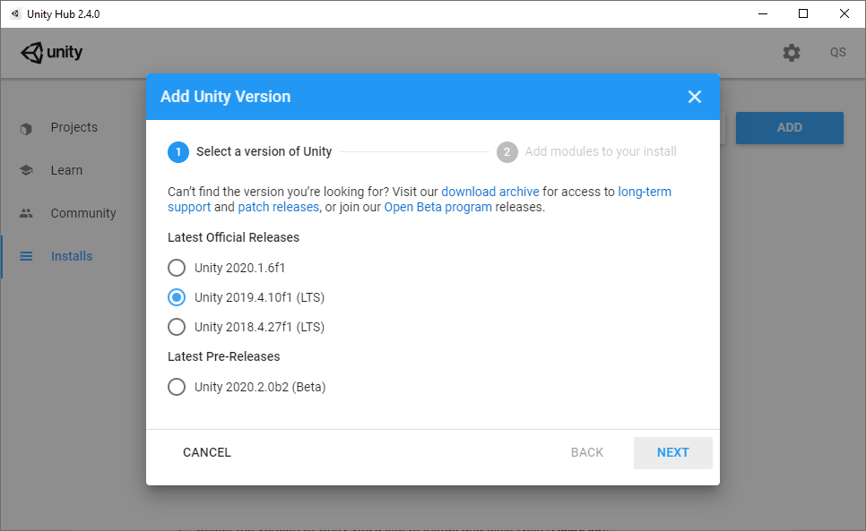 Figure 02: Selecting a new version of Unity