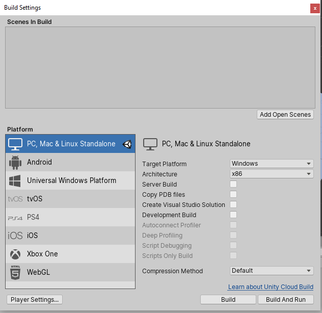 Figure 03: Clicking on the Add Open Scenes button loads the current scene into the build.
