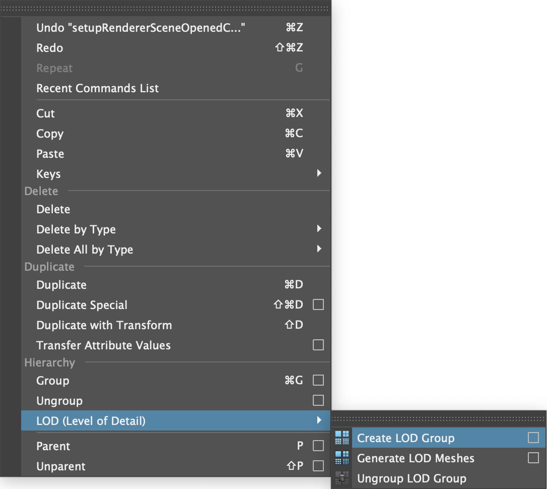 Figure 05: Select the Generate LOD Group option from the main window Edit menu.