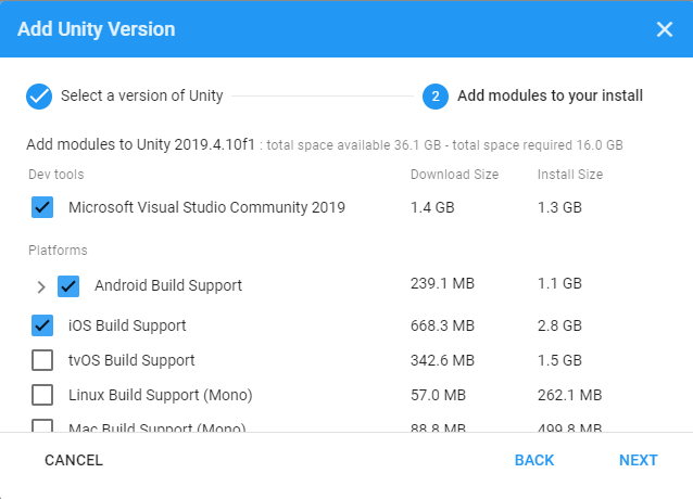 Figure 04: Adding modules to the new Unity installation