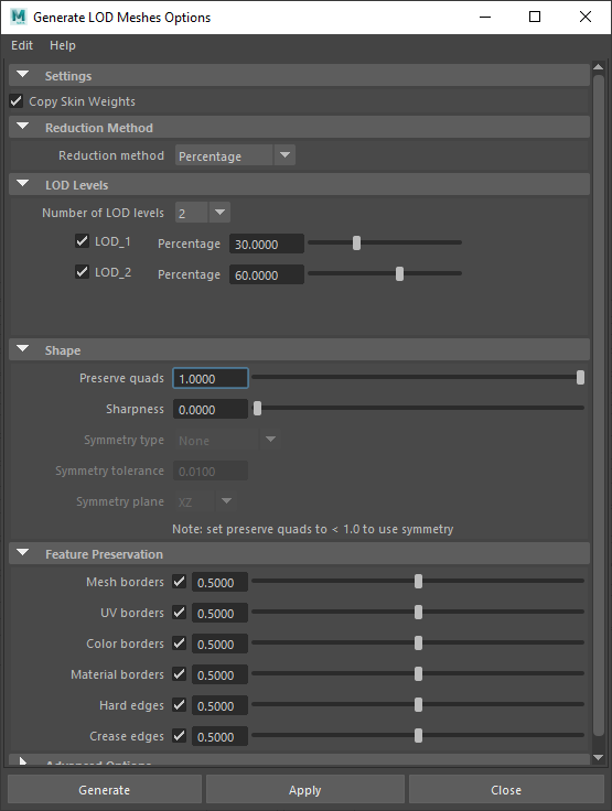 Figure 03: The Generate LOD Meshes options window showing optimal settings for the LODs.
