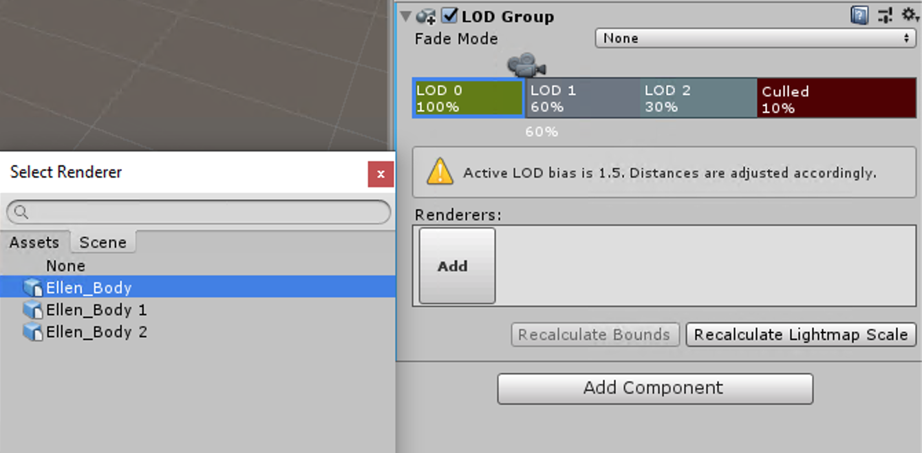 Figure 09: Select the LOD Mesh from the Select Renderer window after clicking the Add button for the specific LOD in the Inspector panel.