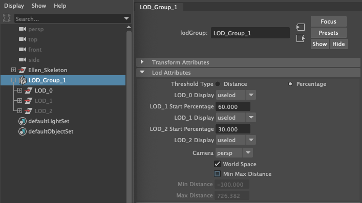 Figure 04: The Attribute Editor displaying the LOD Group settings next to the Outliner window with the LOD Group expanded, displaying the child LODs.